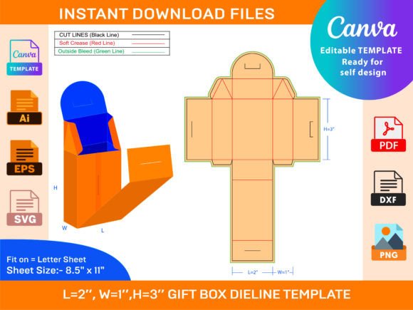 Gift Box Dieline Template 2x1x3 Inch Guide